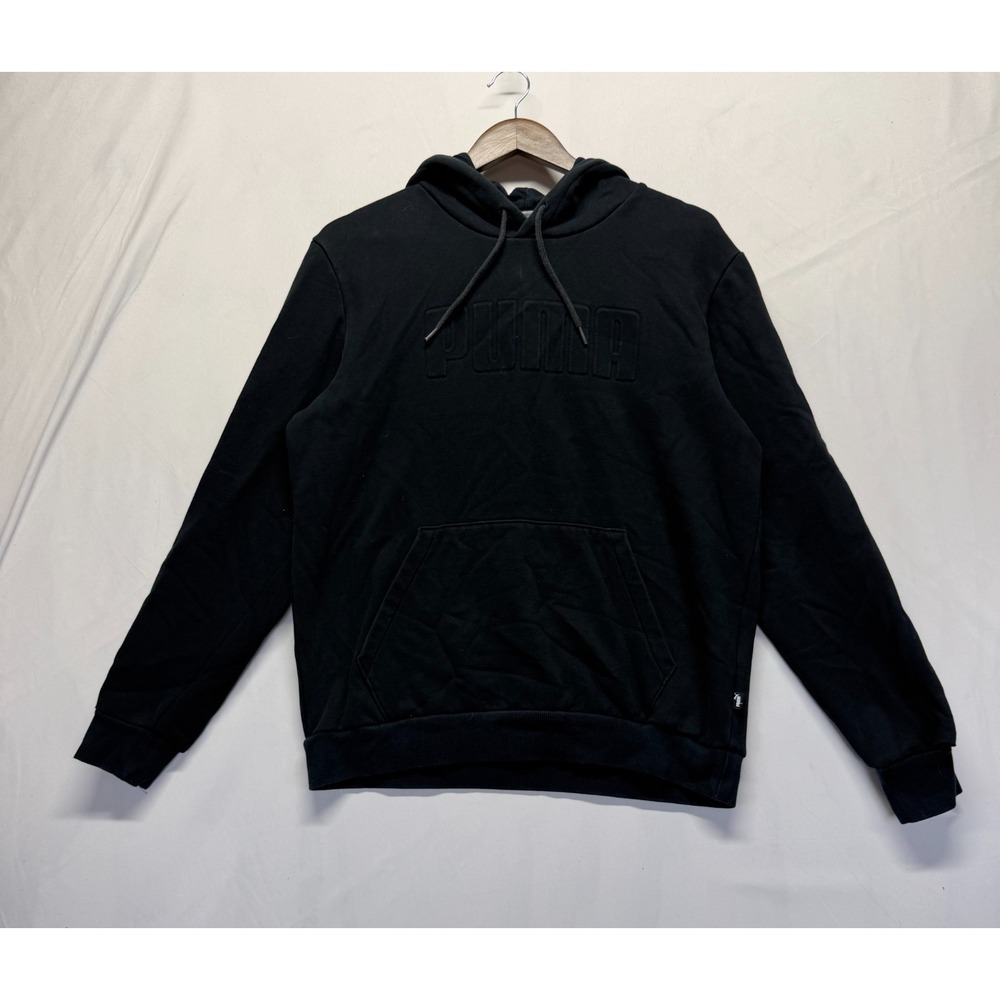 PUMA Hoodie Mens Medium Black Fleece Lined Cotton Blend Embossed Logo Drawstring